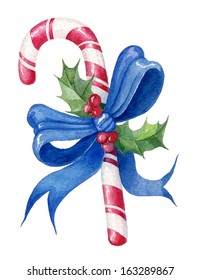 watercolor candy cane with a blue bow and holly vector. bright design element for design holiday.