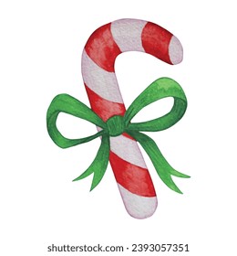 Watercolor candy cane with green ribbon isolated on the white background. Hand-drawn christmas illustration. Vector