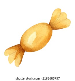 Un dulce acuarela en una envoltura naranja pintada con las manos. Dulces para las fiestas, dulces para Halloween, dulces o muck