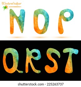 Watercolor capital letters alphabet, isolated elements on white and black background