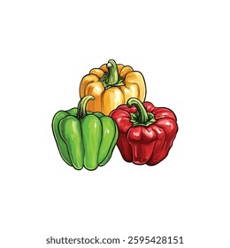 Watercolor Capsicum set. Vector Hand drawn style Green, Red, Yellow capsicum delicious kitchen items 
