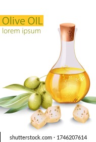 Watercolor carafe filled with olive oil surrounded by cheese and olives. Place for text. Vector