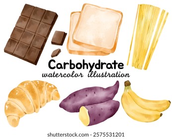 Watercolor Carbohydrate Illustration: Featuring Chocolate, Bread, Spaghetti, Croissant, Sweet Potato, and Banana for Food-Themed Designs, Cooking Projects, and Culinary Art