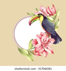 Watercolor Card with azalea and bird.Vector Illustration