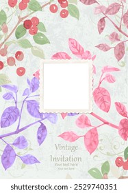 watercolor card with branches of crabapple and colorful autumn leafy twigs. vintage paper photo frame against floral pattern on grungy background