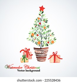 Watercolor card with Christmas tree. Hand painting. Watercolor. Illustration for greeting cards, invitations, and other printing projects.
