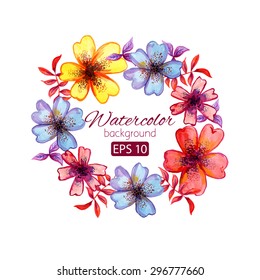 Watercolor card with decorative colorful flowers and copy space