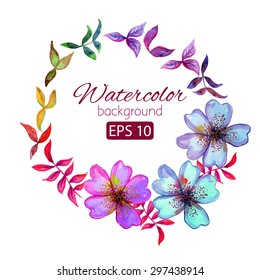 Watercolor card with decorative colorful flowers and copy space