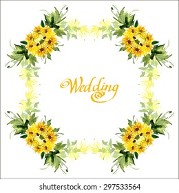 Watercolor card with flowers sunflower. Can be used for banner, cards, wedding invitations, etc. Vector illustration