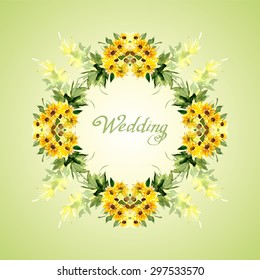 Watercolor card with flowers sunflower. Can be used for banner, cards, wedding invitations, etc. Vector illustration