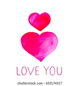 Watercolor card of heart and text love you on white background.
