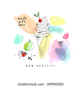 Watercolor card with ice cream.  Isolated on a white background. Vector