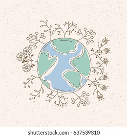 watercolor card of planet earth surrounded by plants and trees vector illustration