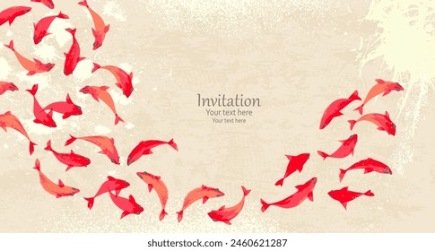 watercolor card with swimming red fish. asian ink painting koi carps against grunge paper background