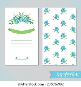 Watercolor card templates for wedding invitation, save the date cards, mothers day, valentines day, birthday cards with flowers and ribbon Vector illustration eps 10