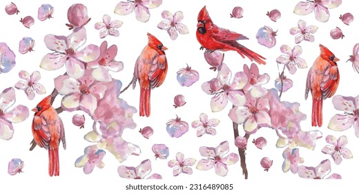 Watercolor Cardinal birds and cherry blossom flowers. Realistic sketch drawing. Seamless pattern 