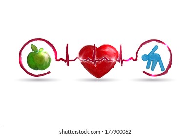 Acuarela Cardiología Símbolos de salud relacionados con el ritmo del latido cardíaco. Concepto de vida saludable. La comida sana y el buen estado físico conducen a un corazón y una vida sanos. 