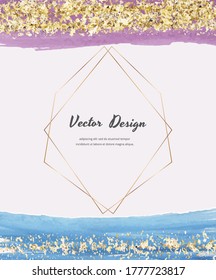 Watercolor cards with gold glitter texture, confetti and geometric polygonal lines frames. Modern abstract cover design.