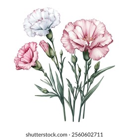 Watercolor carnations png. Pink and purple carnation flowers with green stems and leaves. Romantic watercolor flowers. Vintage bouquet of flowers png. Vector illustration.