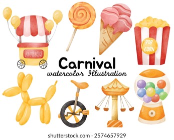 Watercolor Carnival Elements - Popcorn Cart, Cotton Candy, Ice Cream Cone, Carousel, and More in Hand-Drawn Style for Festivals and Parties