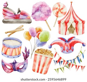 Watercolor Carnival Illustration Set, Hand-painted, Fun, Colorful, Circus Tent, Popcorn, Cotton Candy, Balloons, Jester Hat, Mask, Drum, Bumper Car, Party, Entertainment, Celebration
