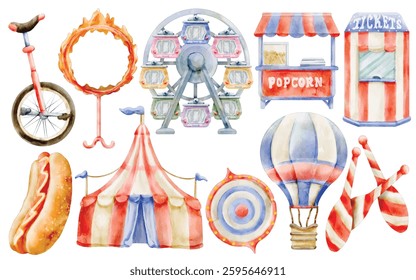 Watercolor Carnival Illustration Set, Hand-painted, Fun, Playful, Ferris Wheel, Circus Tent, Hot Air Balloon, Popcorn Stand, Juggling Pins, Unicycle, Target Game, Fairground
