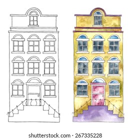 Watercolor cartoon buildings.