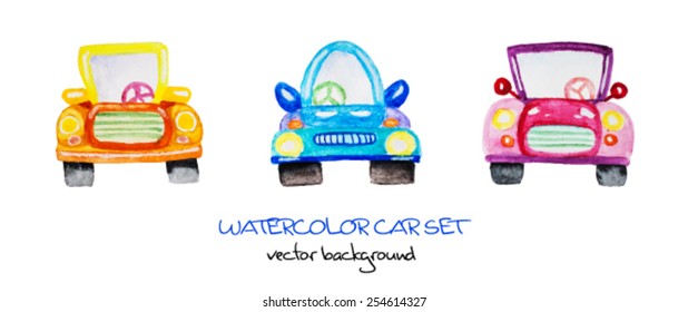 watercolor cartoon car set. vector version
