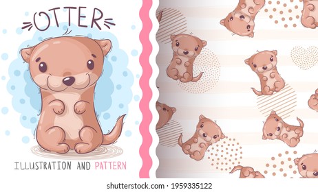 Watercolor cartoon character animal otter - seamless pattern