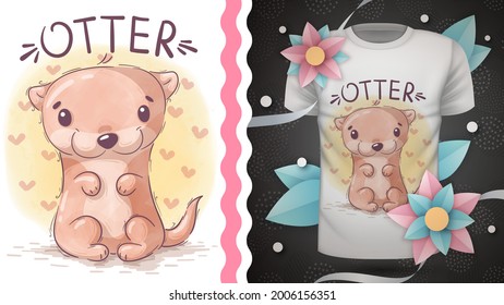 Watercolor cartoon character animal otter - idea for print t-shirt