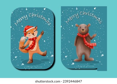 Watercolor cartoon christmas cards set