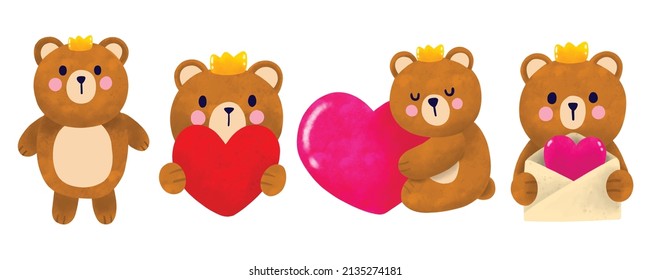 Watercolor cartoon cute bear and big heart vector.