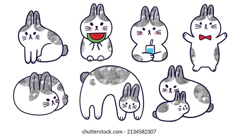 Watercolor cartoon cute black and white rabbit vector set.