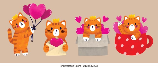 Watercolor cartoon cute cat and many heart vector set.