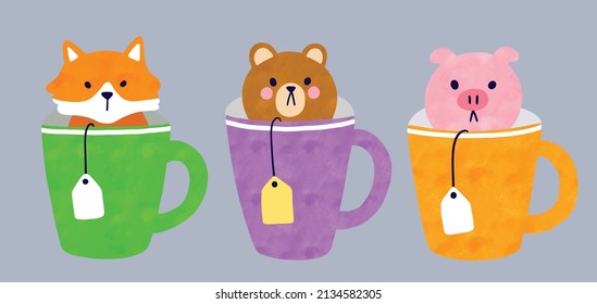 Watercolor cartoon cute fox and bear and pig in cup coffee vector.