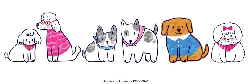 Watercolor cartoon cute funny dogs vector.