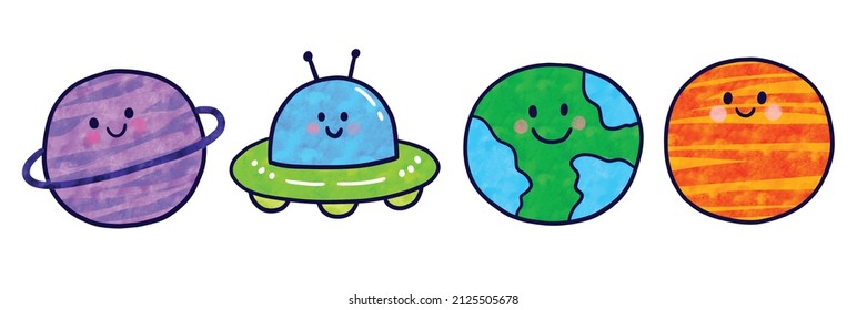 Watercolor cartoon cute funny planets vector.