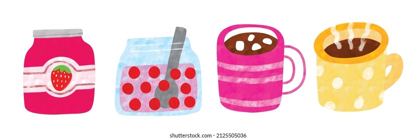 Watercolor cartoon cute jam and coffee cup vector.