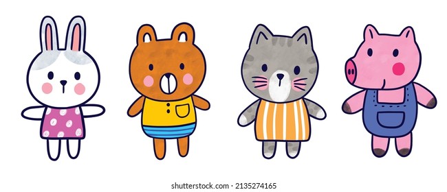 Watercolor cartoon cute little animals vector.