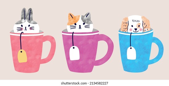 Watercolor cartoon cute rabbit and cat and dog in cup coffee vector.