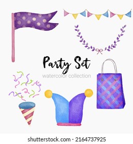 Watercolor cartoon element party set for stickers and card design bundle. Party decorative items Watercolor vector illustrations set 