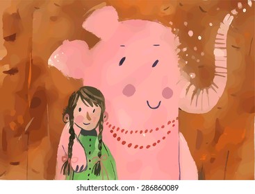 watercolor cartoon elephant and girl, vector illustration