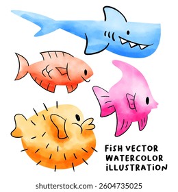Watercolor cartoon fishes set, isolated vector fish character design elements 