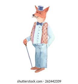 Watercolor cartoon fox. Gentleman clothes vector character.