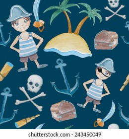 Watercolor cartoon pirates seamless pattern. Vector repeating texture with hand drawn objects: boy in pirate costume, sword, skull and bones, island, treasure chest, anchor, telescope. Blue background