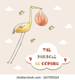 Watercolor cartoon stork hanging a newborn baby in his beak. Cute card with birds, clouds and space for your text
