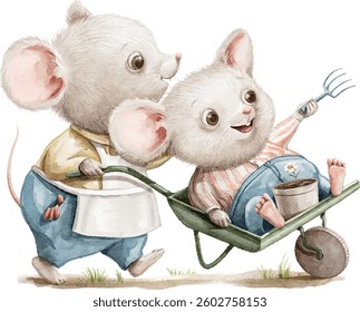 Watercolor cartoon two character animal gardener mice friends in clothes ride in a cart vector