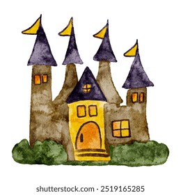 Watercolor castle with colorful flags and lush greenery in a whimsical cute Halloween style