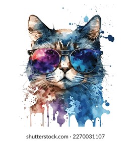 A watercolor cat with glasses vector design, isolated on white background