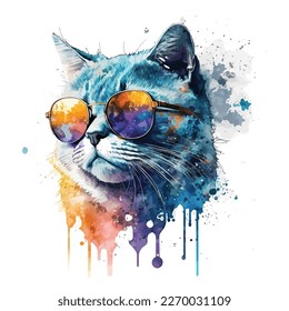 A watercolor cat with glasses vector design, isolated on white background